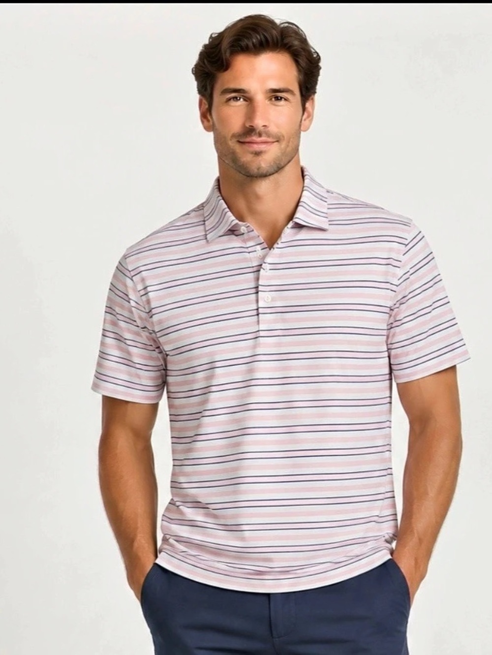Peter Millar Men’s Large Pink White Navy Striped 100% Cotton Polo Shirt LIKE NEW